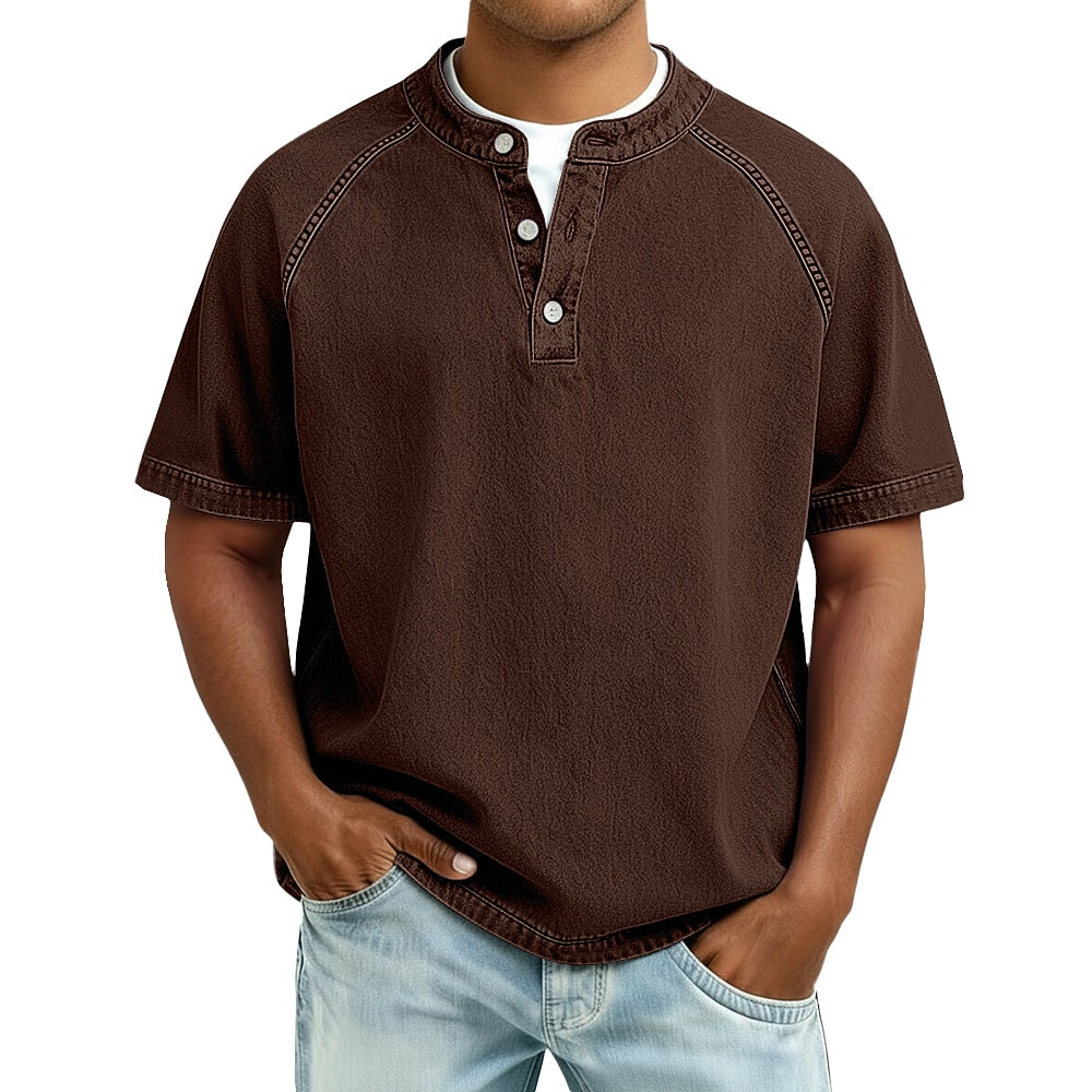 Half-button wash henley shirt, closing styled view
