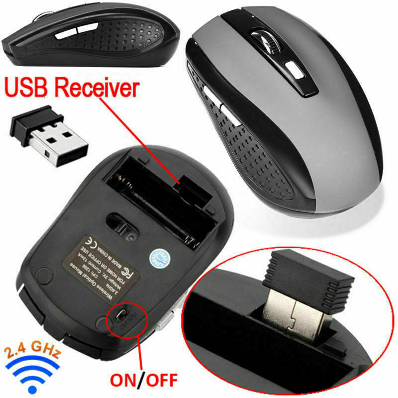 Wireless optical mouse with USB receiver and bottom ON/OFF view, black