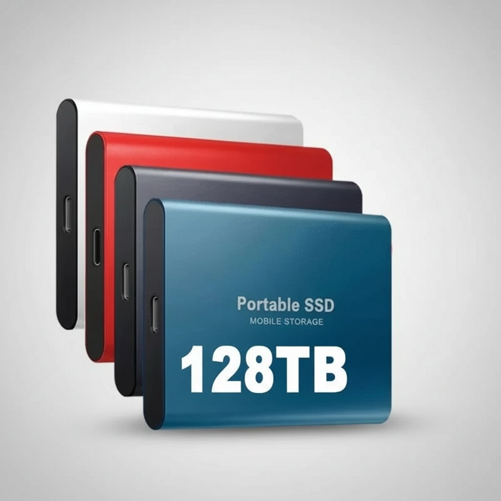 Portable SSD mobile storage, 128TB capacity, stacked black, red, and blue drives