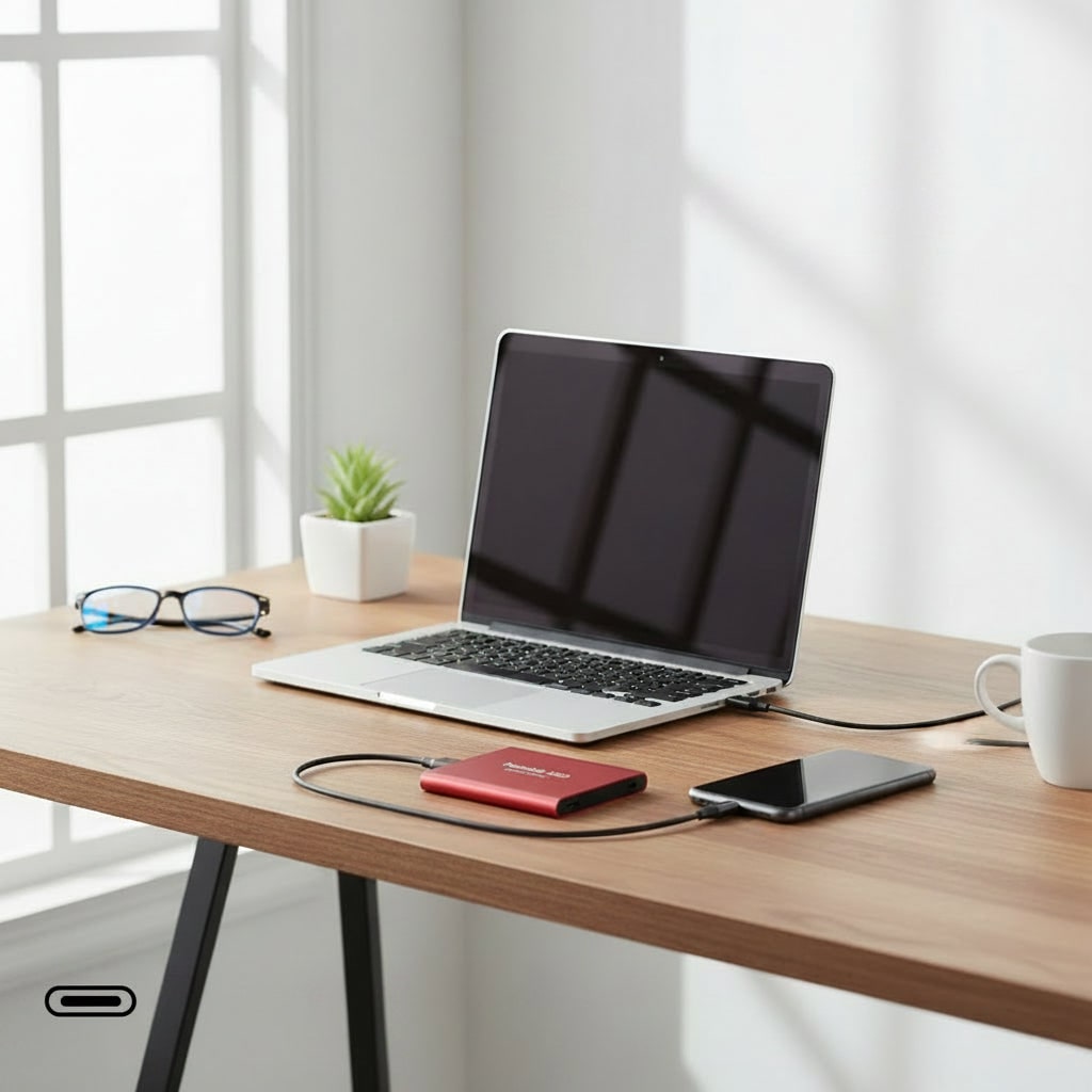 Portable SSD mobile storage drive in red on desk beside laptop and cables