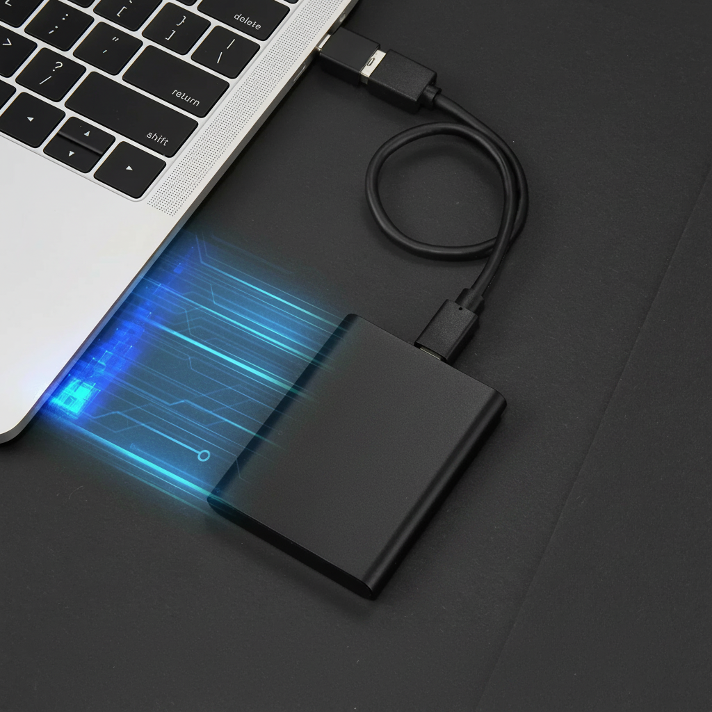 Black portable SSD mobile storage with USB cable, blue activity light
