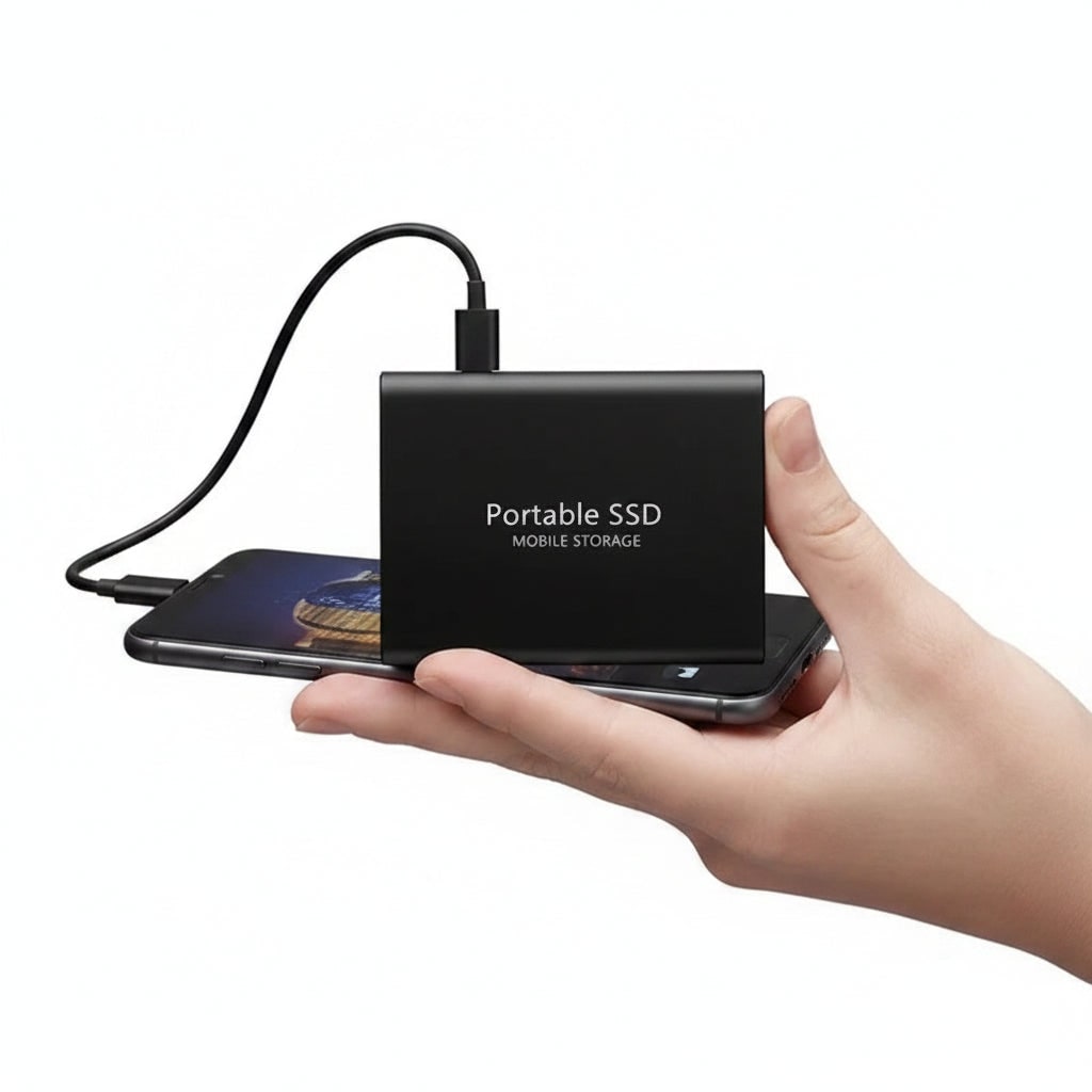 Hand holding black portable SSD mobile storage with connected USB cable