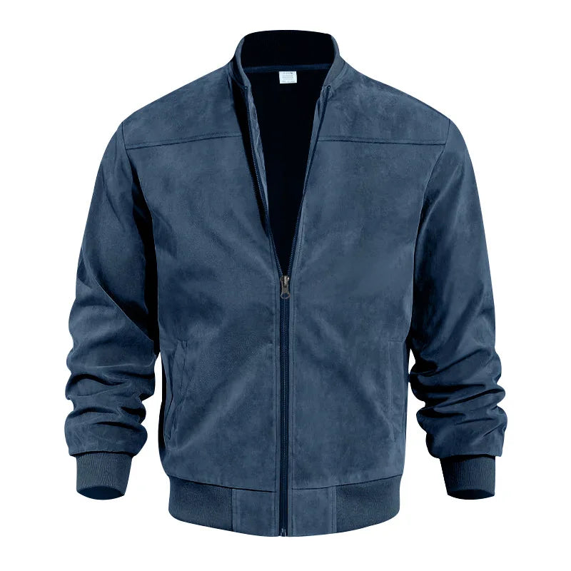 Haze blue suede-look bomber jacket with stand collar and zip front