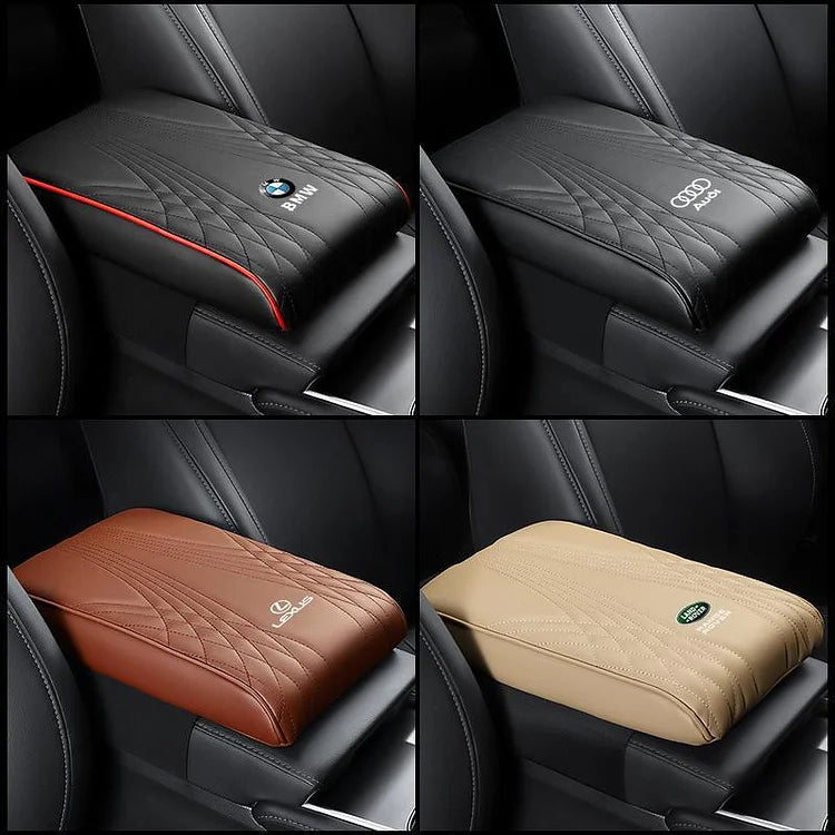 Four car armrest cushion covers shown in black, brown, and beige with car-logo badges