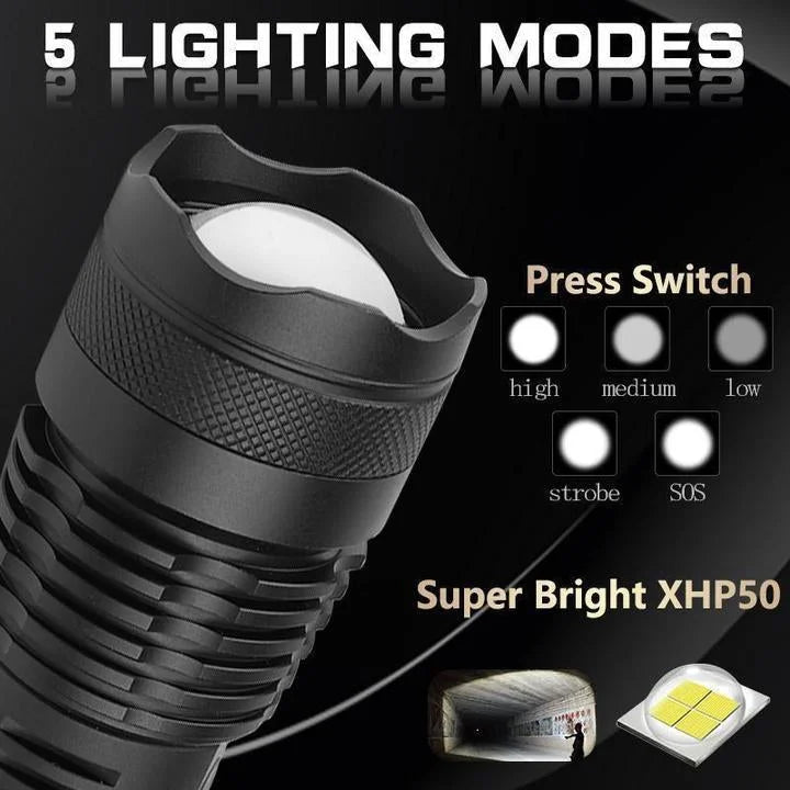 Black flashlight head showing multiple lighting modes and LED lens