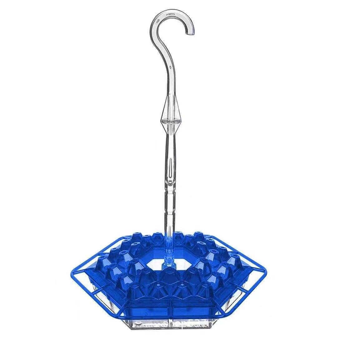 Blue ant-proof hummingbird feeder with hanging hook, clear base and blue cup ports