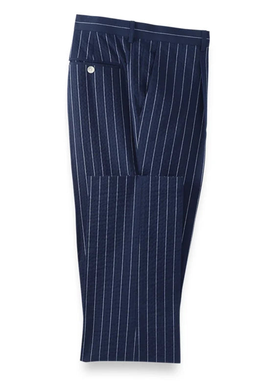 Slim tapered pinstripe trousers, styled front view
