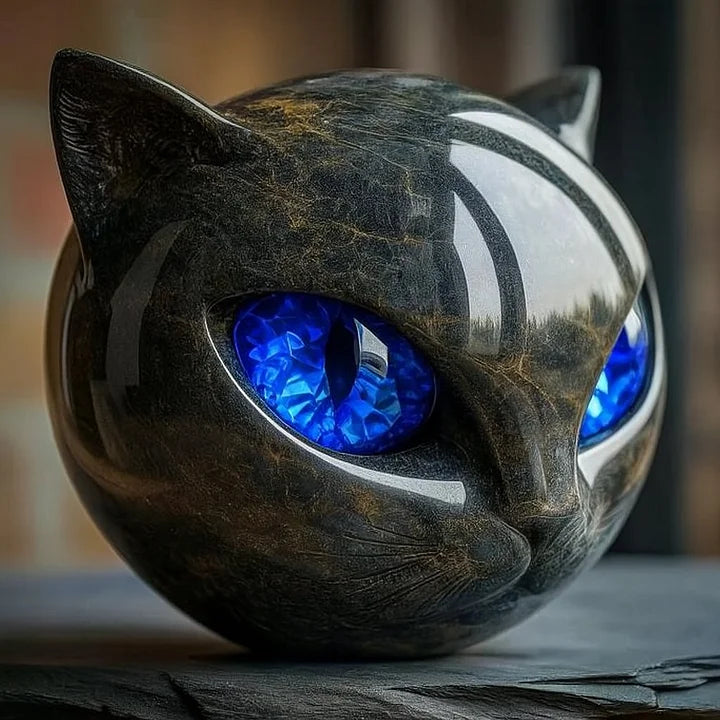 Close-up of cat head sculpture with blue glowing eyes and reflective white stripe