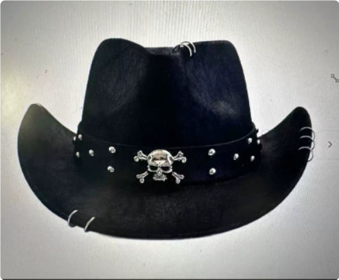 Black cowboy hat with studded belt band and bull skull buckle ornament