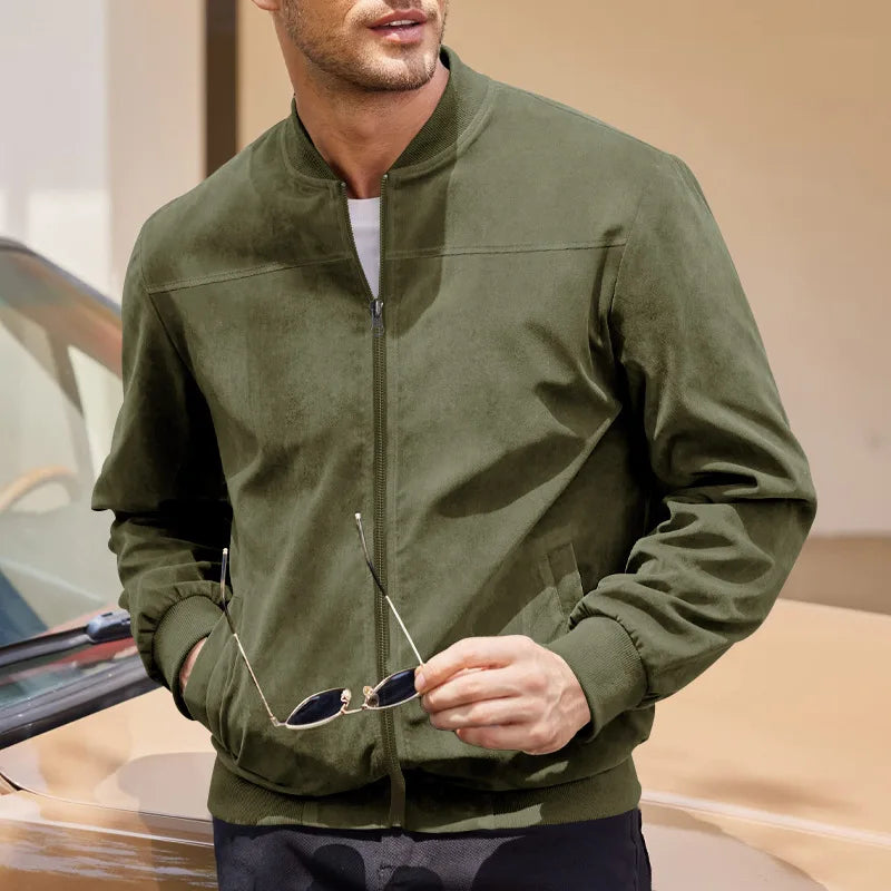 Stand Collar Suede Look Bomber Jacket