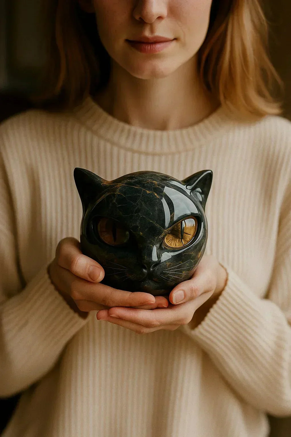 Cat head sculpture held in hands, black finish with green glowing eyes
