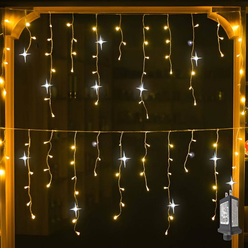 Close-up warm white LED icicle curtain lights, vertical strands with star-like bulbs