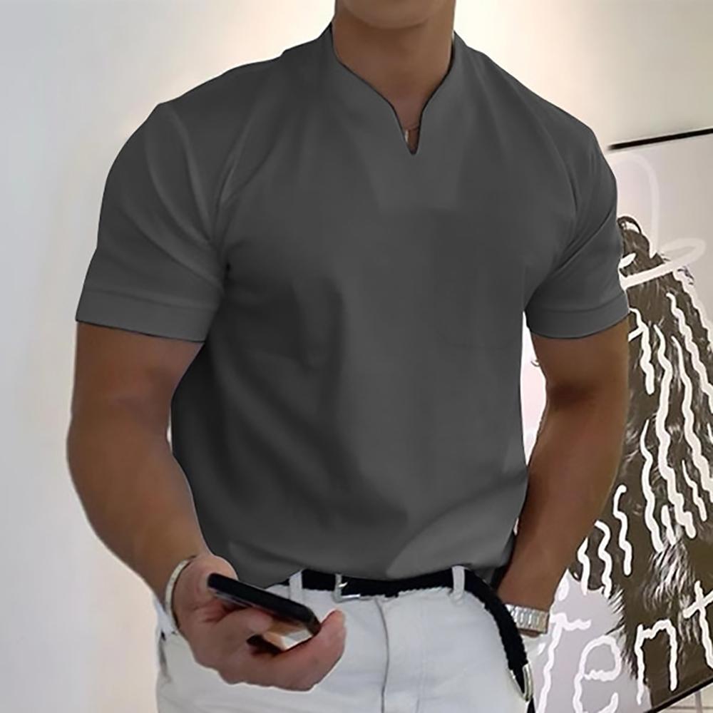 Men's short-sleeve mandarin collar shirt in dark gray, chest pocket, front placket