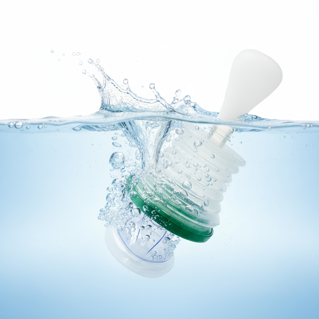 Collapsible water bottle with green base and white top being submerged in water, creating a splash.