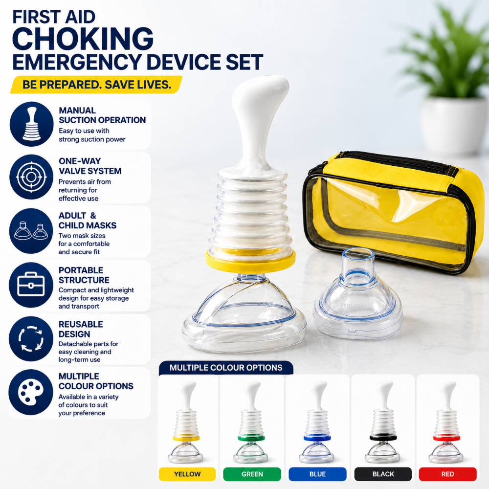 Portable emergency airway kit set in yellow with pouch, suction bulb, and mask accessories