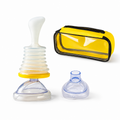 Yellow portable emergency airway kit pouch with transparent suction device and two masks