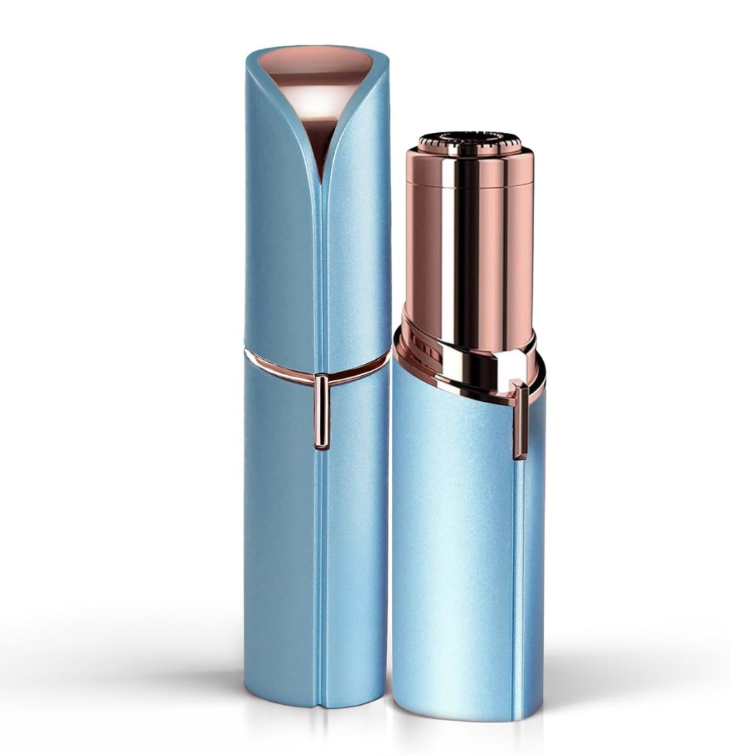 Blue and rose gold facial hair trimmer with hinged cap and blade head