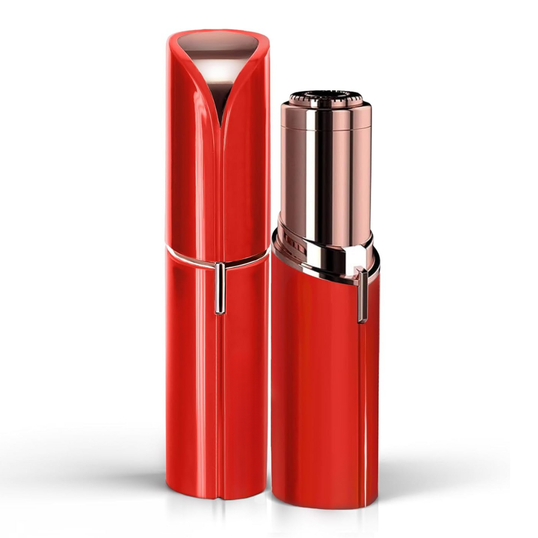 Red and rose gold facial hair trimmer with hinged cap and exposed blade head