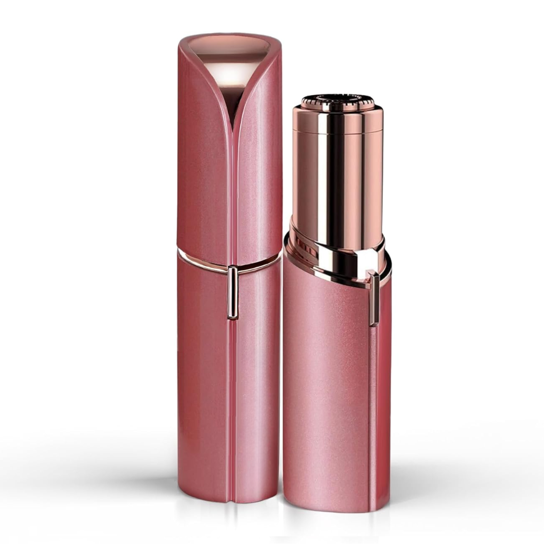 Rose pink and rose gold facial hair trimmer with hinged cap and blade head