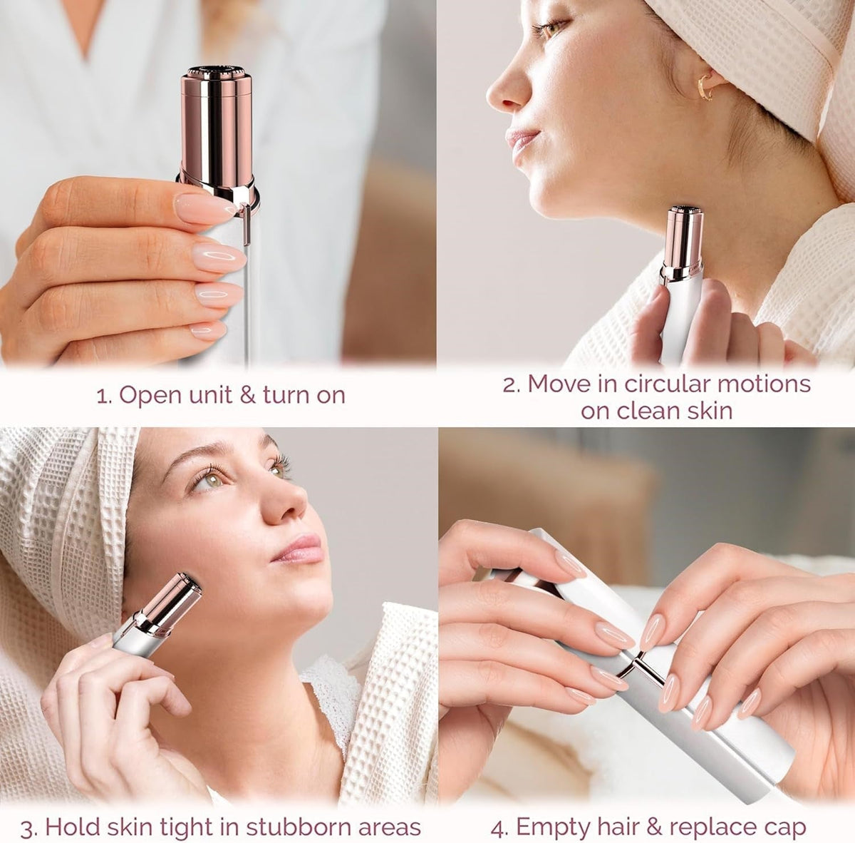 Facial hair trimmer shown in use on skin with cap opened by hand