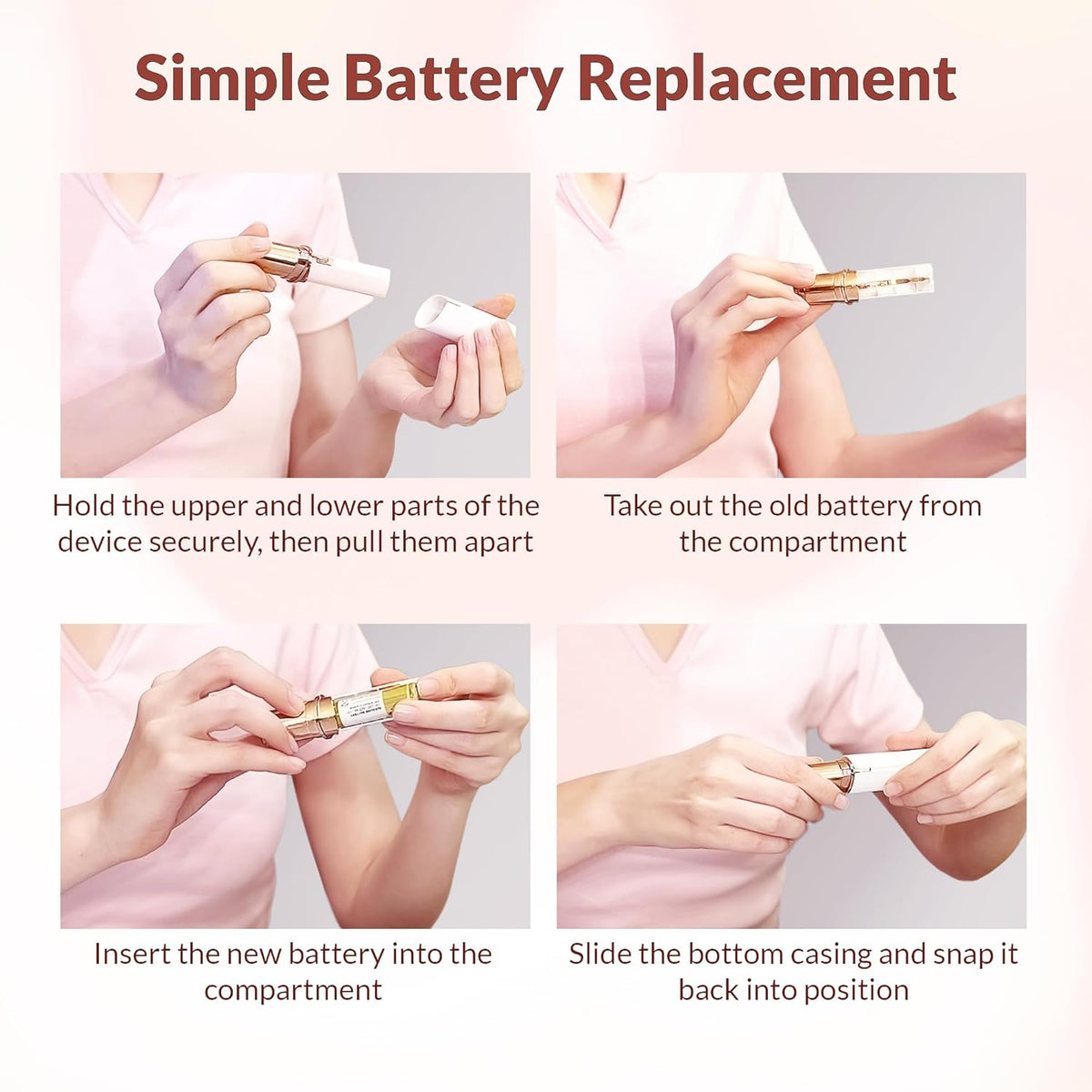 Facial hair trimmer with battery compartment open in hand, showing replacement battery