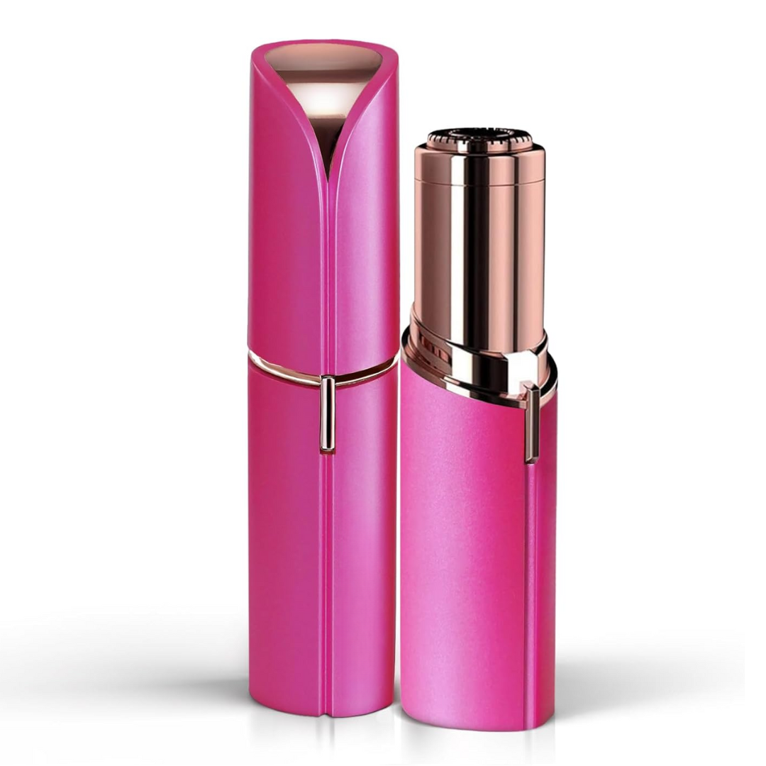 Pink and rose gold facial hair trimmer with hinged cap and blade head