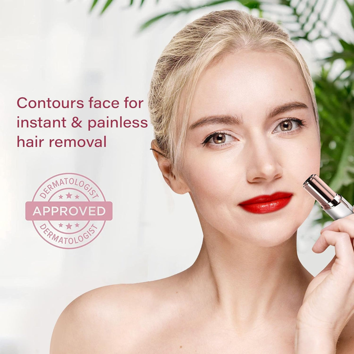 Handheld facial hair trimmer used along cheek, compact silver body with rose tip