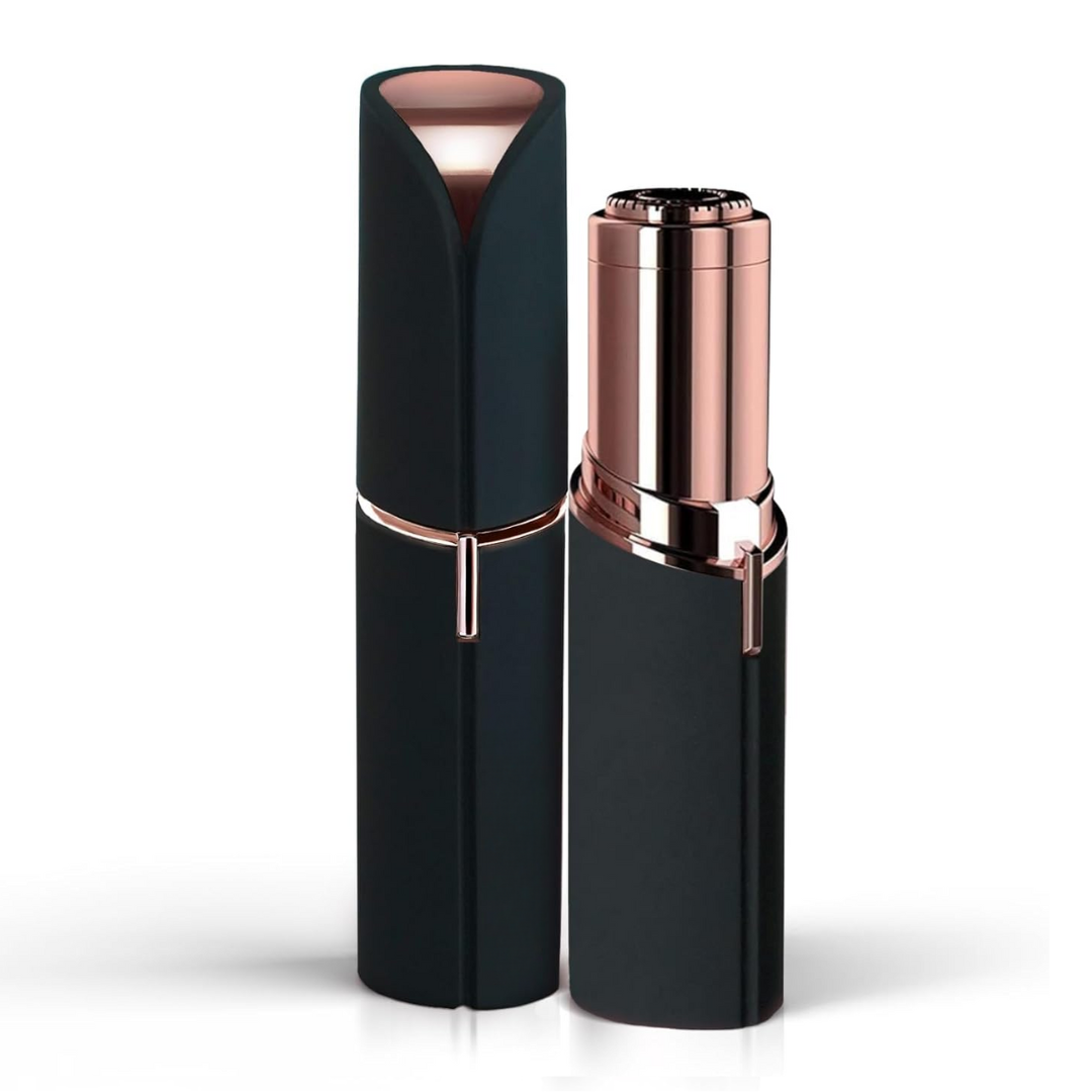 Black and rose gold facial hair trimmer with hinged cap and blade head