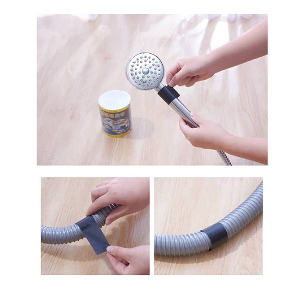 Collage of a hand holding a shower head and connecting it to a hose on a wooden surface.