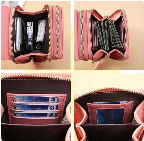 Anti-theft leather crossbody bag in pink, open view showing interior card slots.