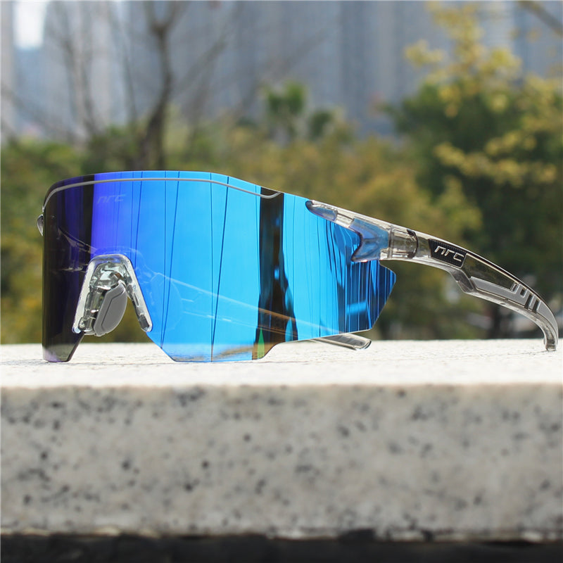 Silver polarized sports sunglasses with blue mirrored wrap lenses