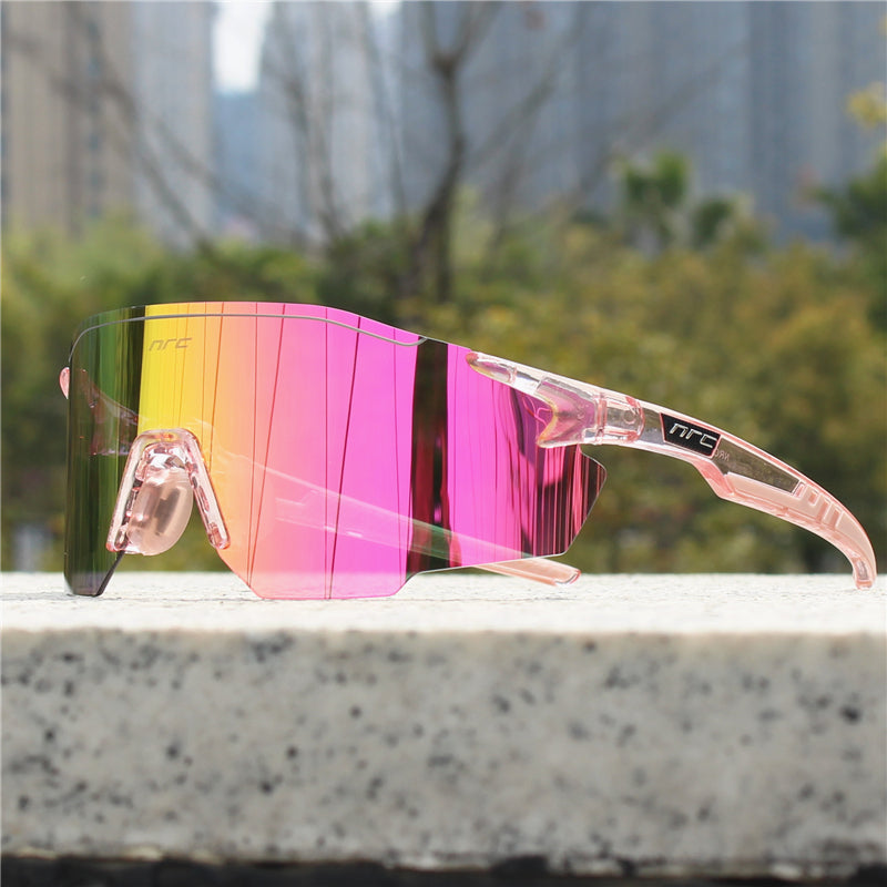 Pink polarized sports sunglasses with pink mirrored wrap lenses
