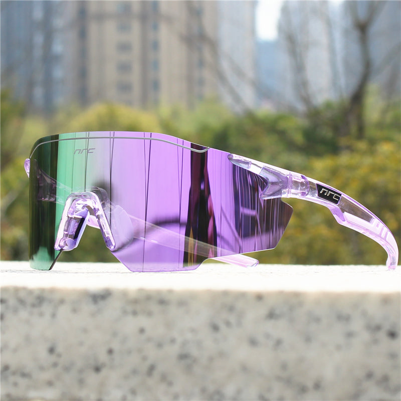 Purple polarized sports sunglasses with purple mirrored wrap lenses