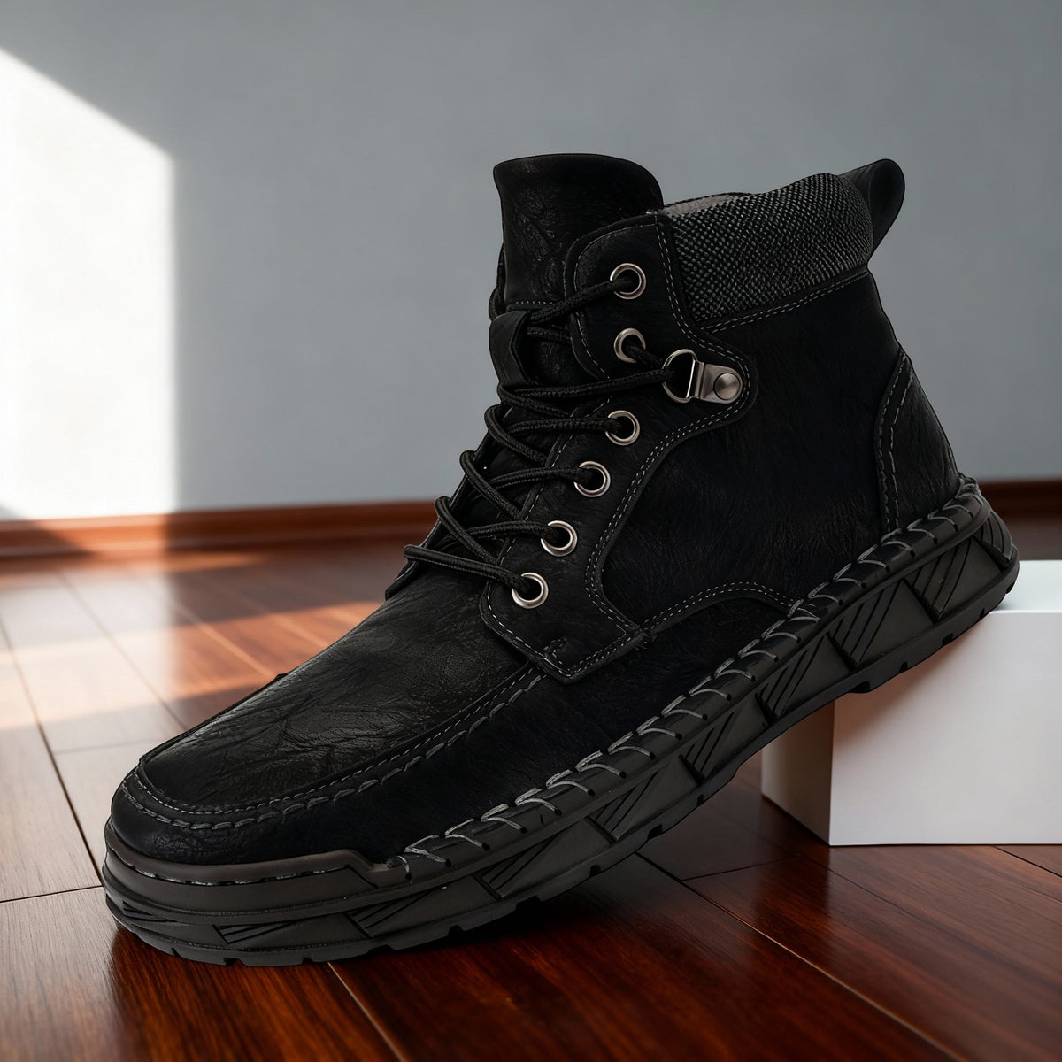 Storm welt work boots, styled front view