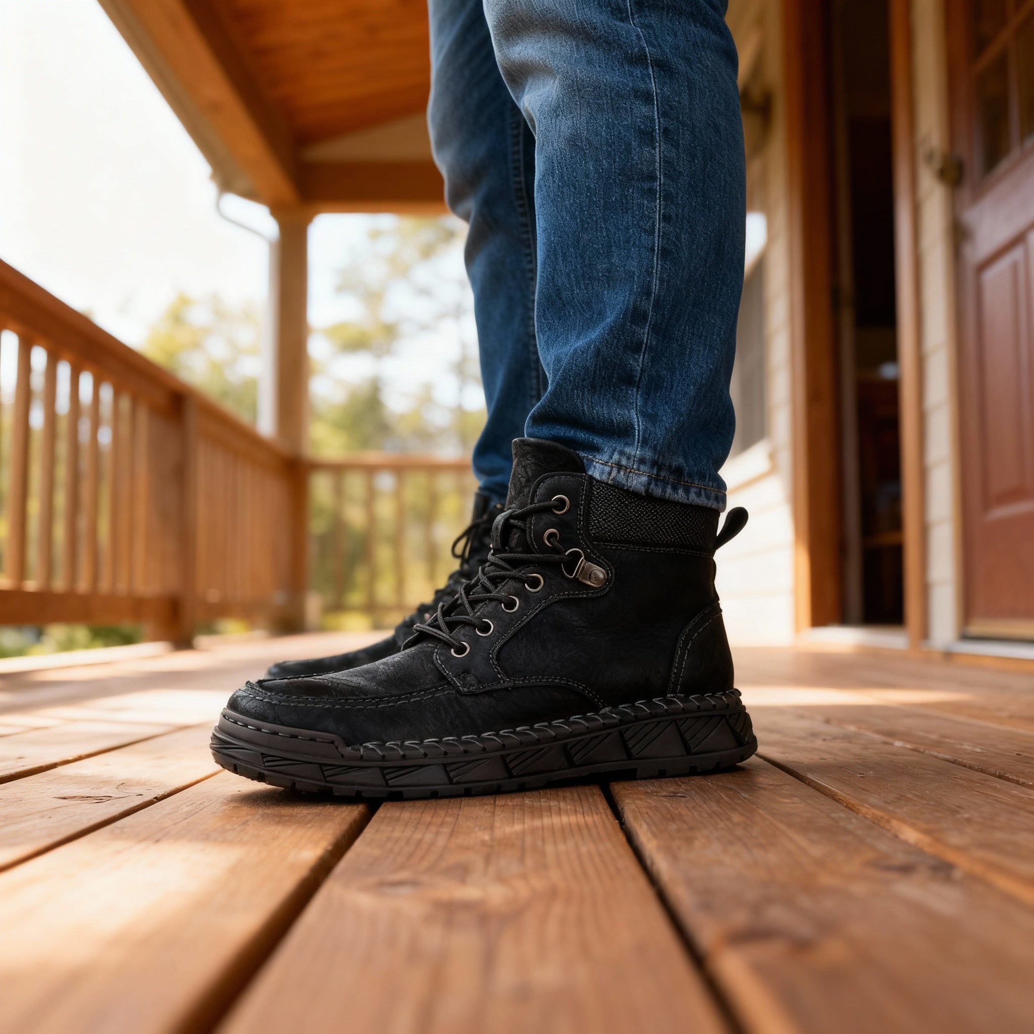 Storm welt work boots, worn front view
