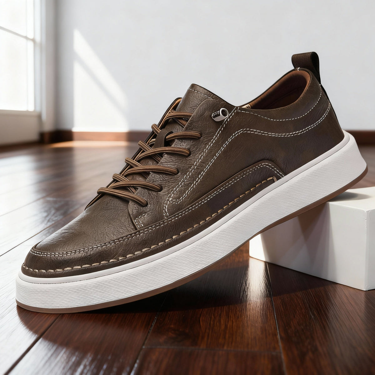 Men's hand-stitched textured sneakers in khaki, lace-up with tan stitching and white sole