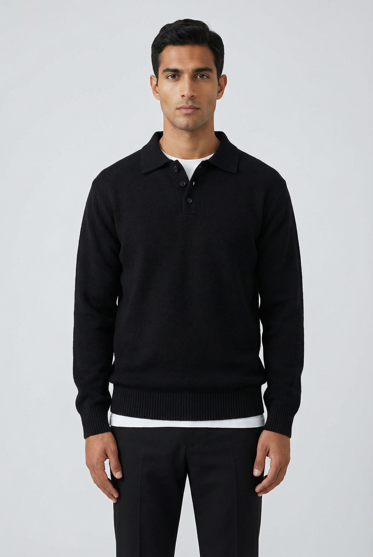 Men's textured knit polo sweater, black with button placket and ribbed cuffs