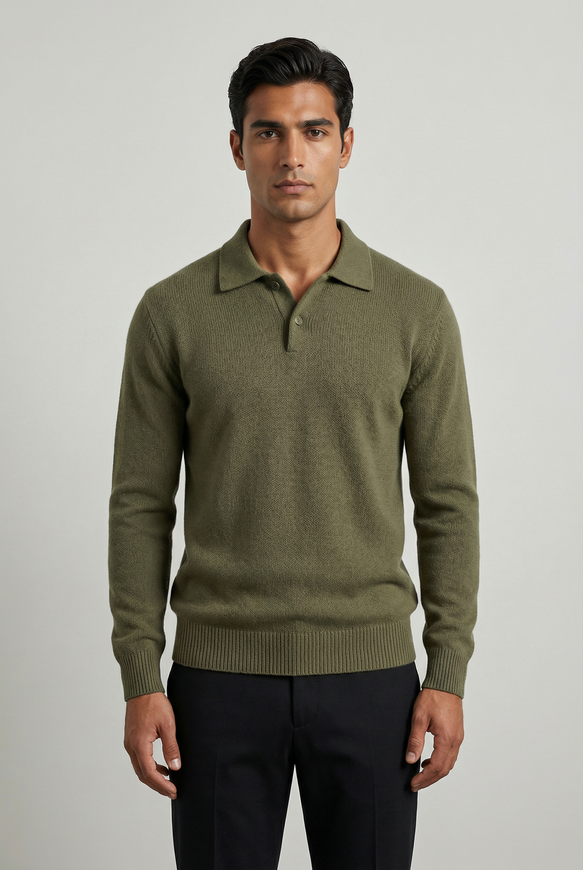 Men's textured knit polo sweater, olive green with button polo collar and ribbed hem