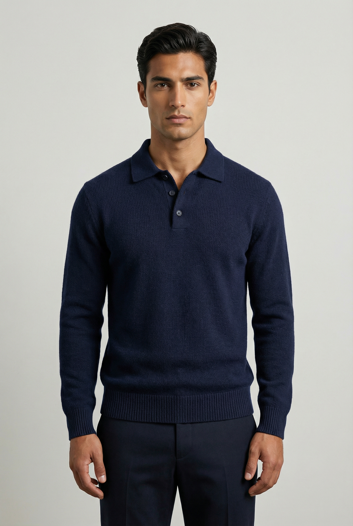 Men's textured knit polo sweater, navy blue with button placket and ribbed cuffs