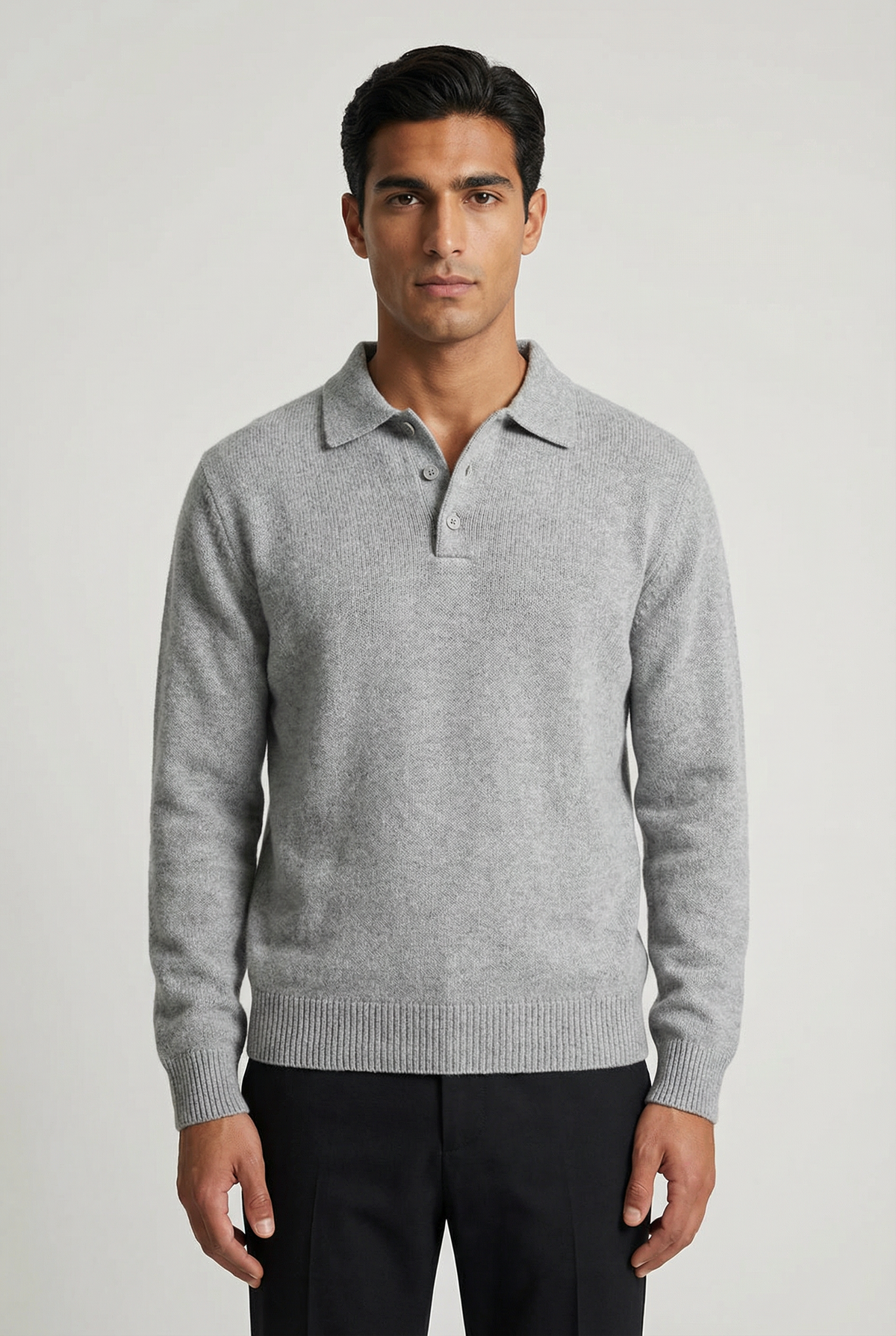 Men's textured knit polo sweater, gray with button polo collar and ribbed hem