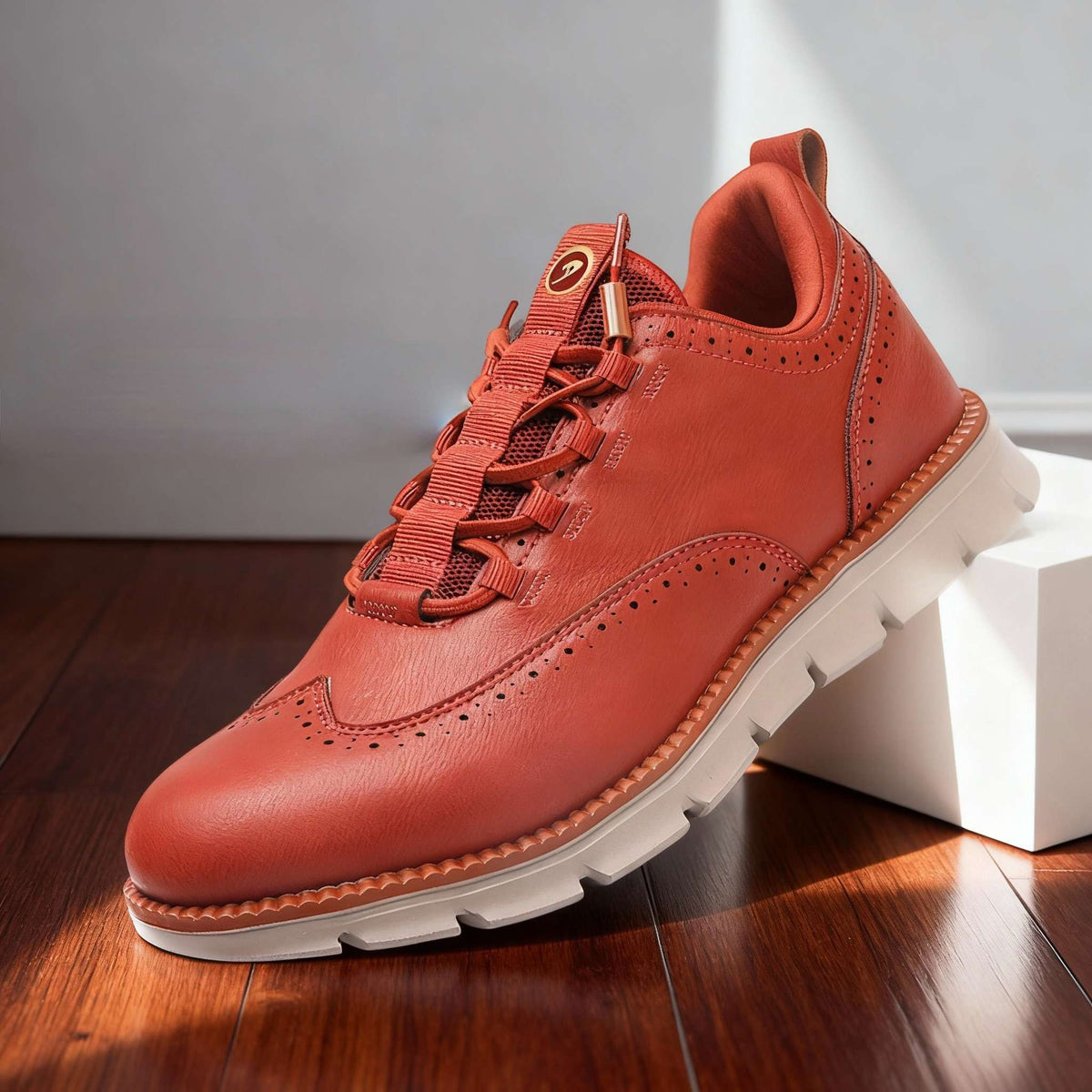 Terracotta perforated lace-up high-top sneakers with padded collar and white sole