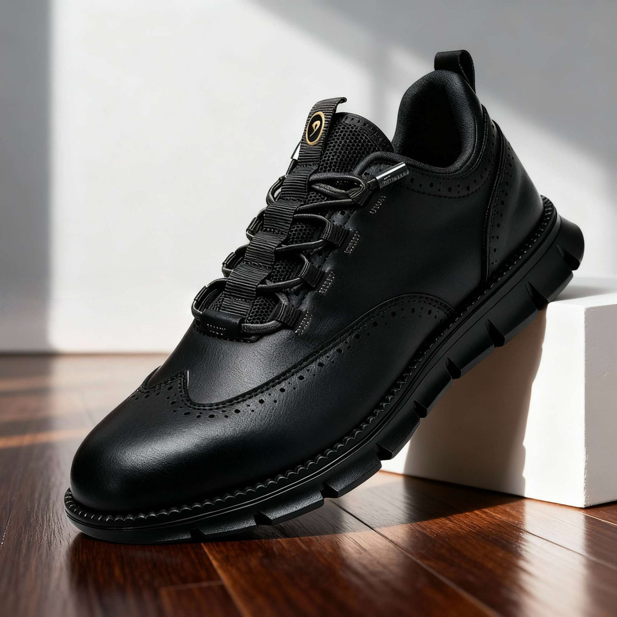 Deep black perforated lace-up high-top sneakers with textured sole and side eyelets