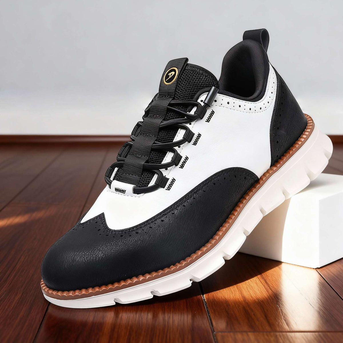 Black and white colorblock perforated lace-up high-top sneakers with white outsole