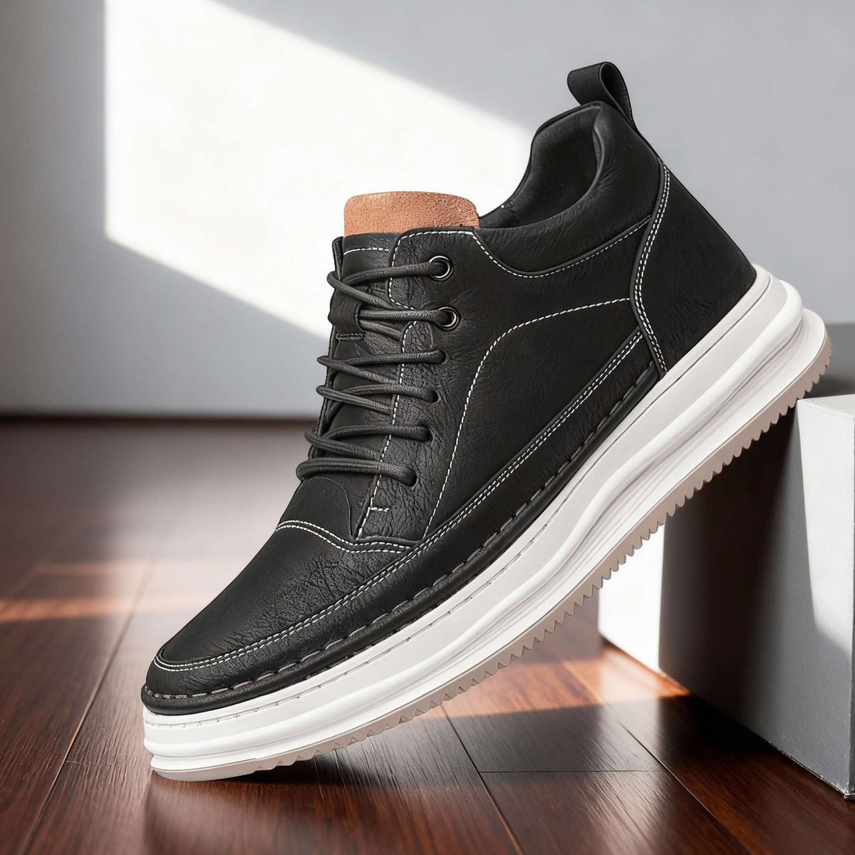 Padded collar comfort sneakers, styled front view