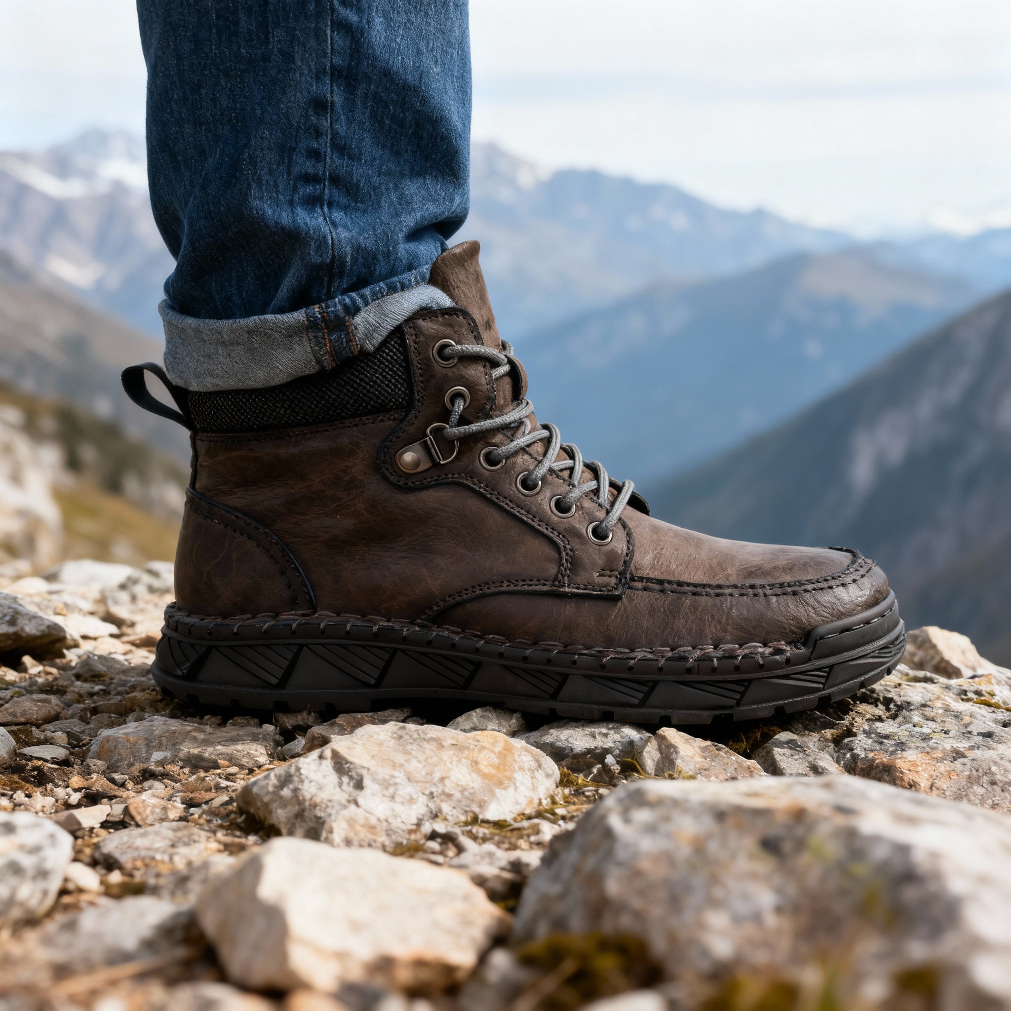Storm welt work boots, worn side view