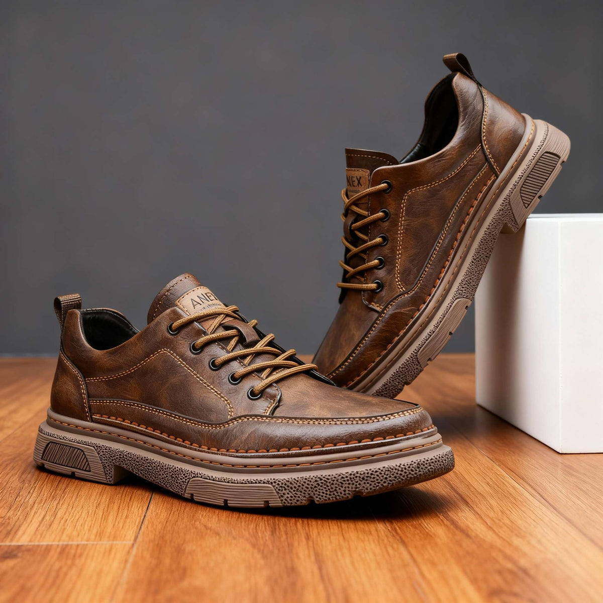 Men's hand-stitched lace-up casual sneakers, brown leather with chunky rubber sole