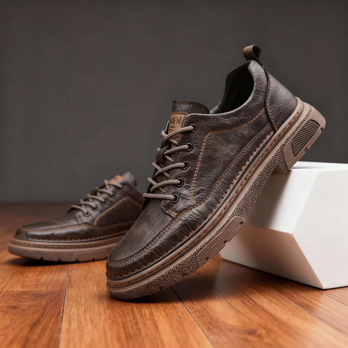 Men's hand-stitched lace-up casual sneakers, dark brown leather with chunky sole