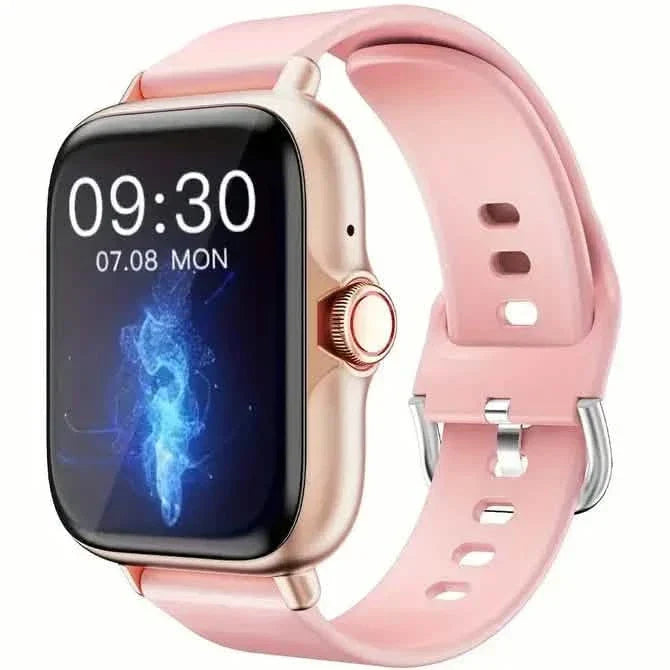 Rose-gold full touch-screen smartwatch with pink silicone sport band and round bezel button