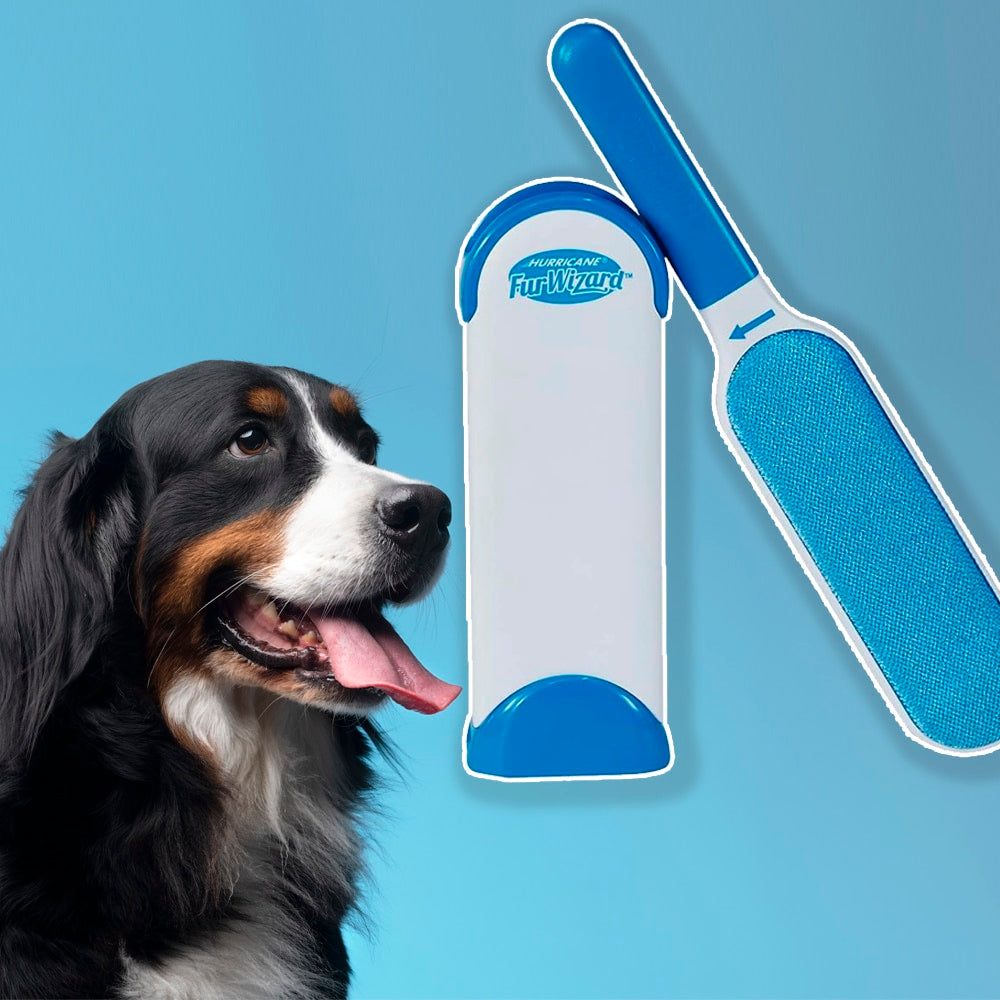 Reusable pet hair lint brush with white handle and blue fabric cleaning pad