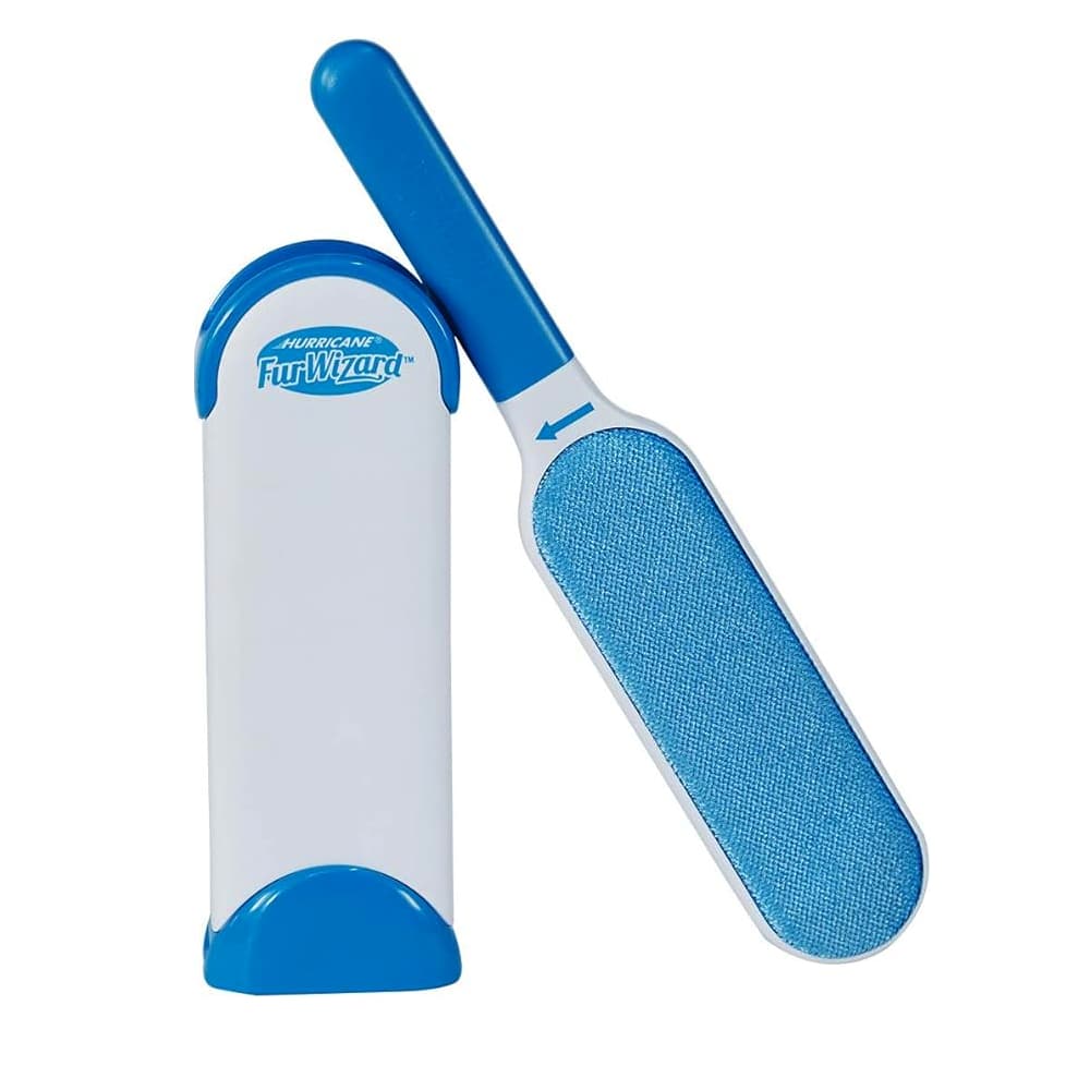 Reusable pet hair lint brush, white body with blue cleaning pad and grip